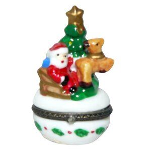 Hand-Painted Porcelain Christmas Santa Sleigh Tree Trinket Box Figurine Vintage